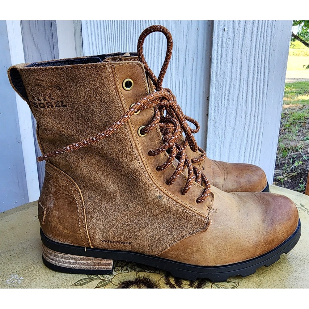 Sorel Sz 7.5 Brown Leather Emelie Short Lace Waterproof Boots Moto NL3310-224